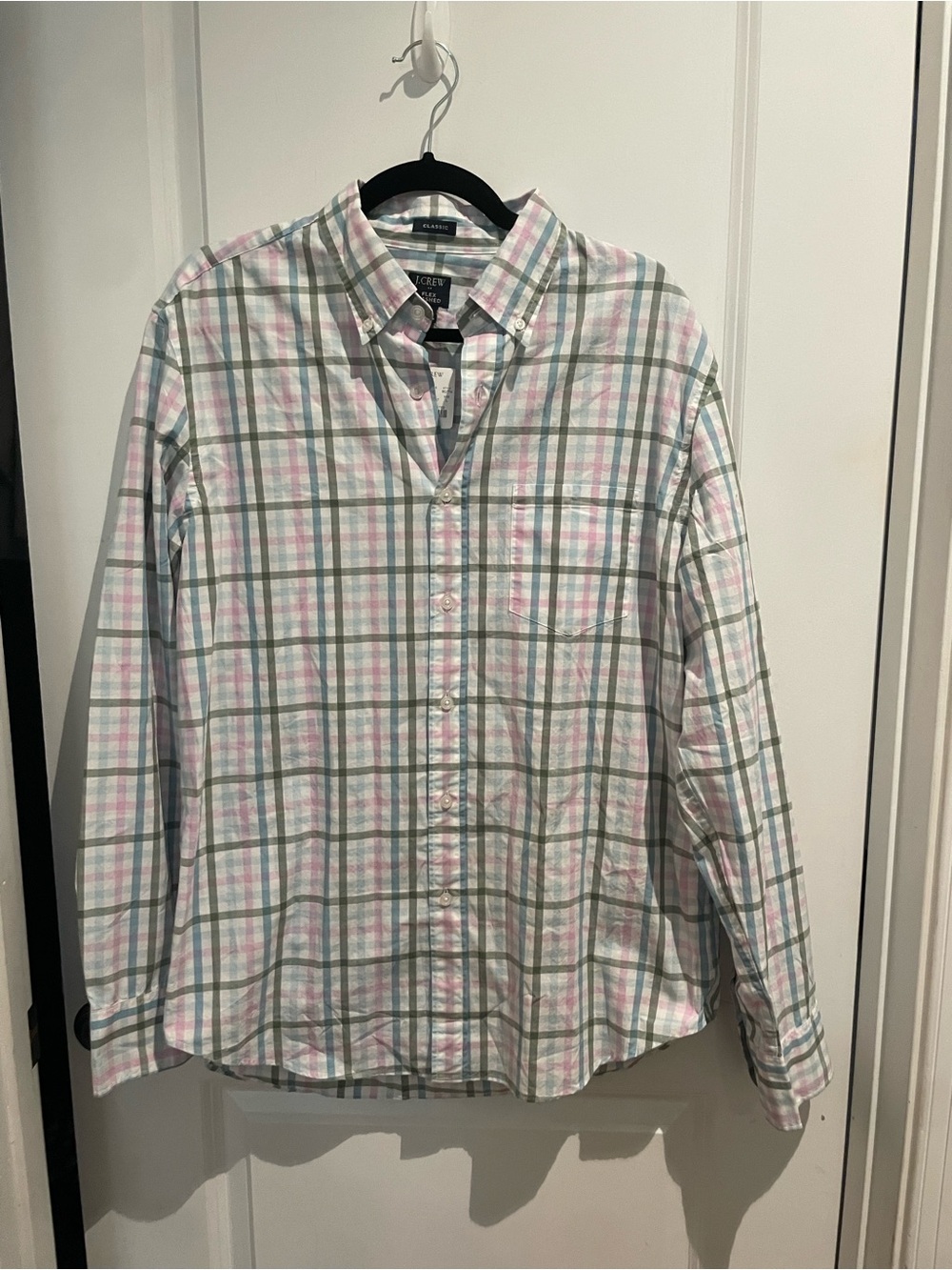 J. Crew Men's White Plaid Button-Down Shirt with Pink & Green Stripes - NWT